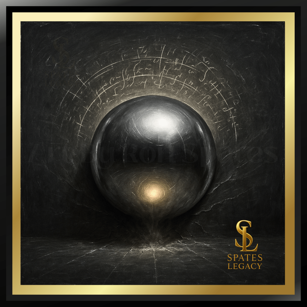 Dominion - Conceptual Physics Art by Ron Spates | Birth of Conscious Law and Intellectual Realism in Atlanta Georgia – hyper-real sterling silver sphere emerging with living mathematical inscriptions