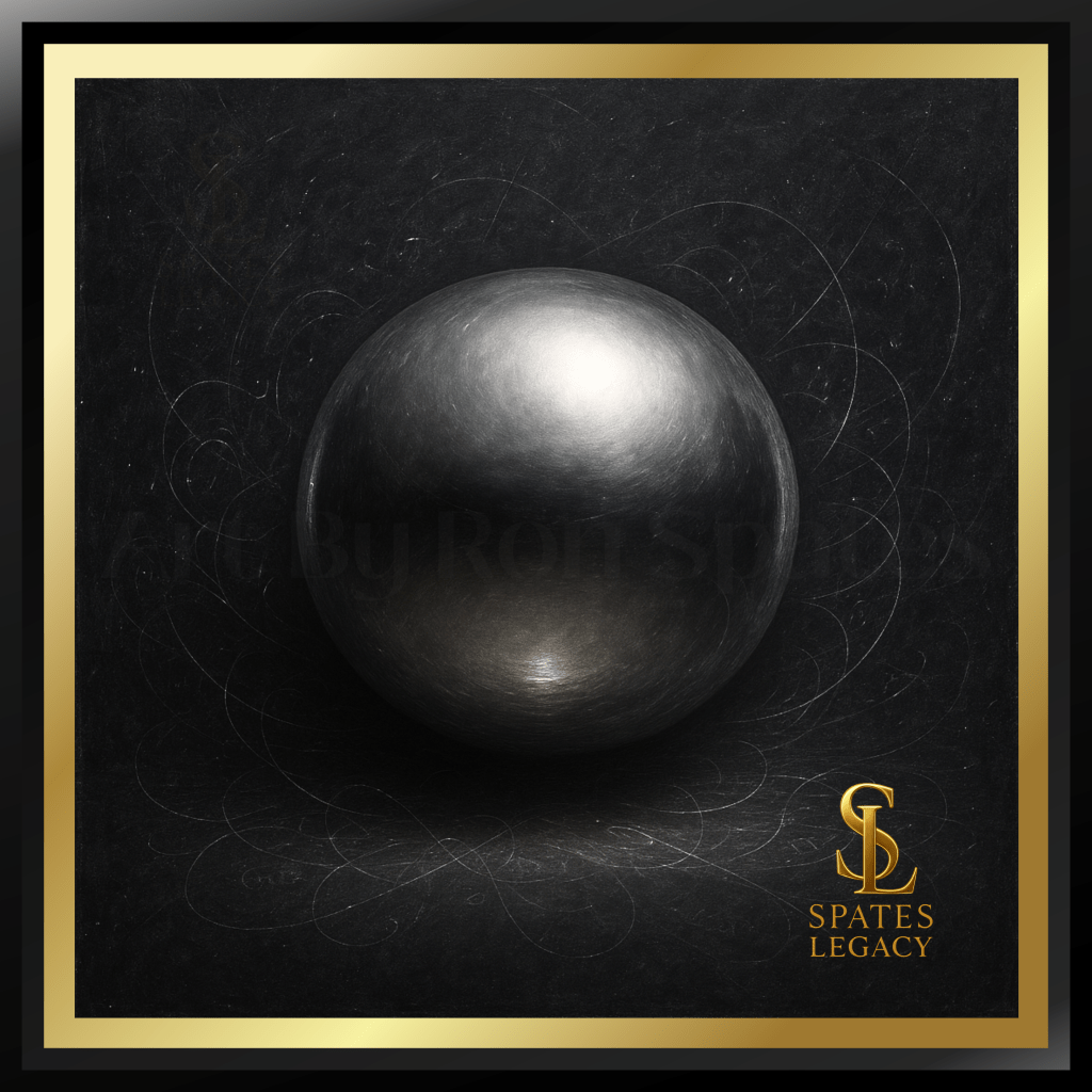 Conceptual Physics Art silver sphere by Ron Spates – the origin point of mathematical law and the birth of Intellectual Realism in Atlanta, Georgia, representing the emergence of universal reality through visual form.