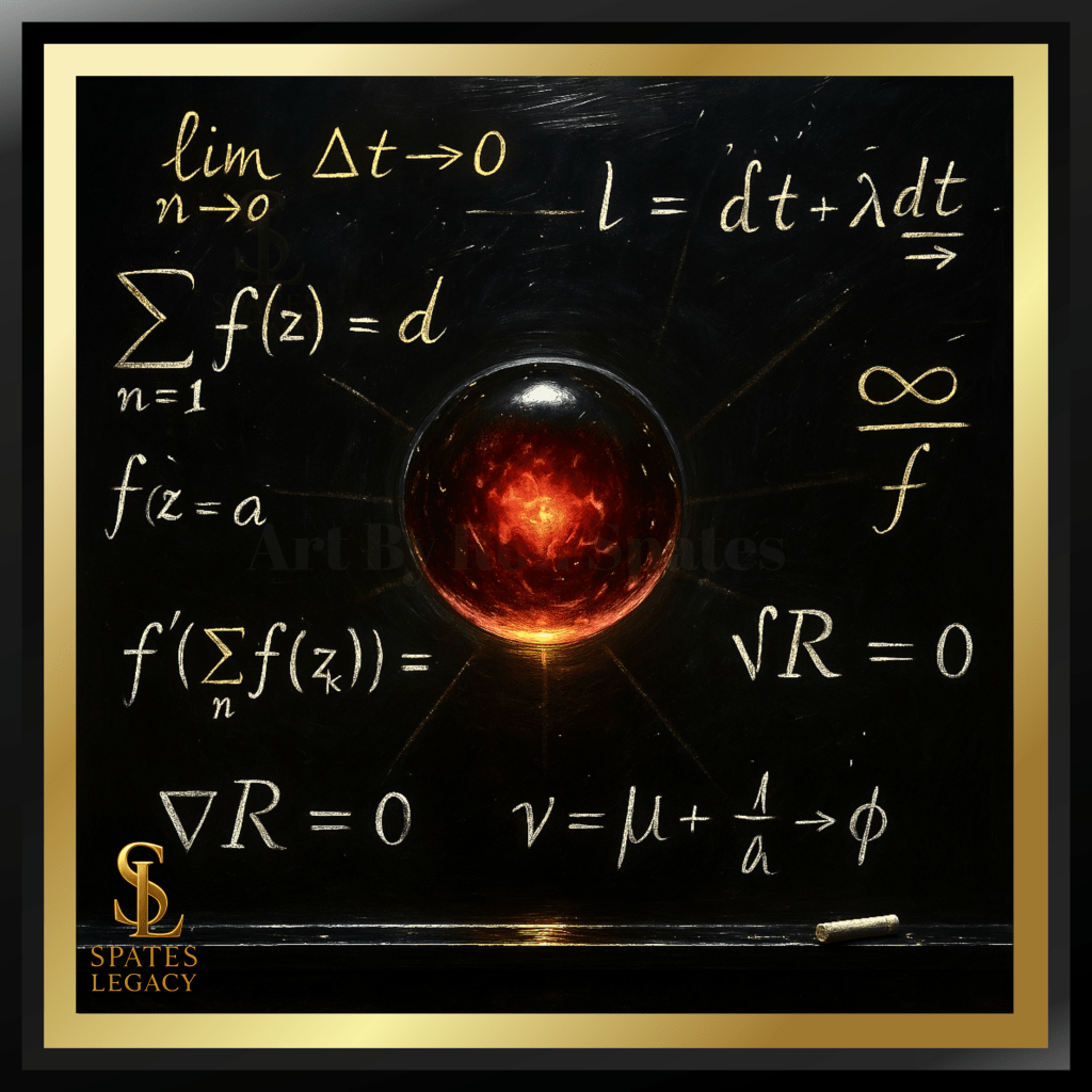 The Equation of Reality painting by Ron Spates in Atlanta GA, a 48x48 metallic impasto realism artwork from the Spates Legacy Art Collection illustrating mathematical physics and consciousness through the visual law of manifestation.