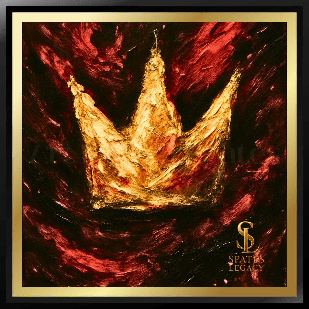 The Crown of Transformation painting by Ron Spates in Atlanta GA | Conceptual Physics Art from the Spates Legacy Art Collection | 48x48 impasto realism fire and gold crown artwork symbolizing ascension through endurance