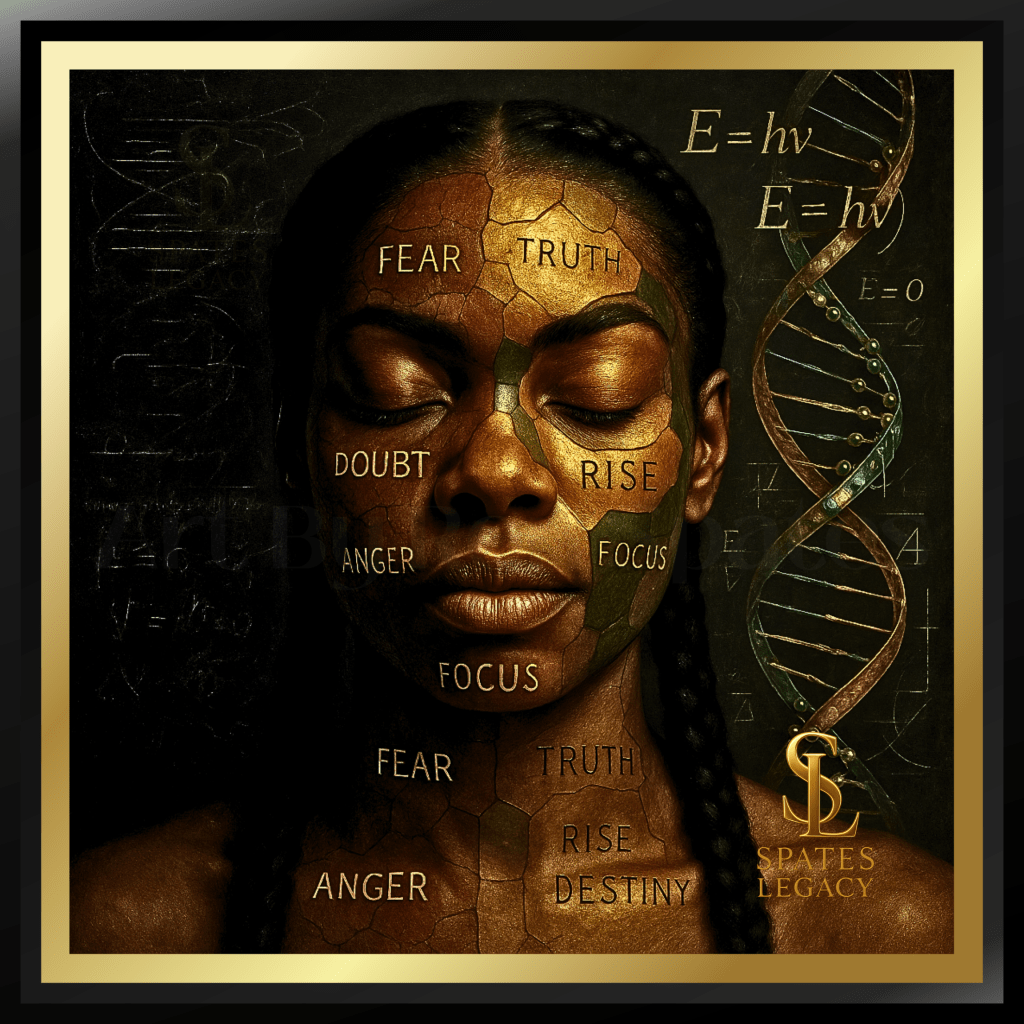 The DNA of Destiny painting by Ron Spates in Atlanta GA, a 48x48 metallic impasto realism artwork from the Spates Legacy Art Collection depicting the fusion of thought and biology, where human consciousness rewrites genetic reality through belief, focus, and divine frequency.