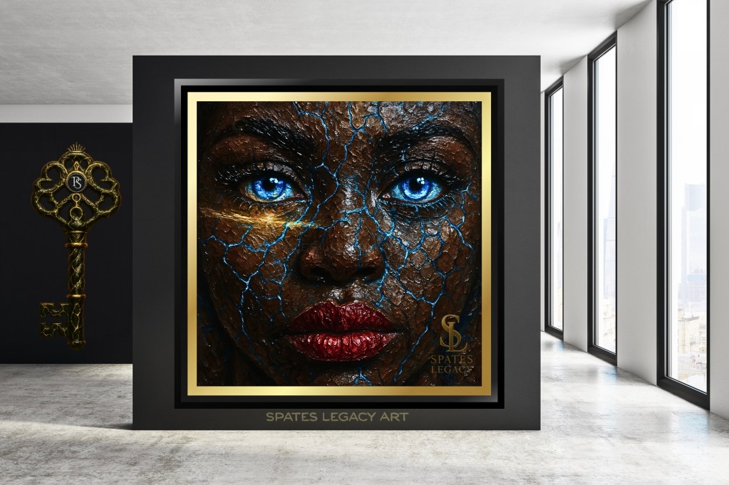 Dark, powerful image of a crowned Black Christ figure with golden highlights and tear of blood, representing eternal truth and divine sacrifice. Impasto realism by Ron Spates.