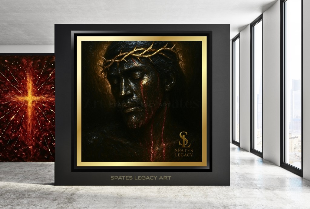 Bold abstract portrait of a woman with patchwork skin and a single tear, framed by a golden mosaic side profile — visualizing trauma, survival, and empowerment. Ron Spates’ digital oil on canvas.