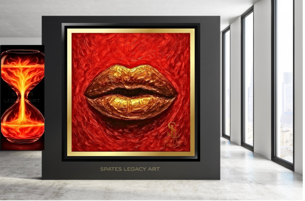 Regal portrait of an elder Black man with a crown and cigar, embedded with historical symbols and stamps, evoking royalty, memory, and ancestral legacy. Metallic realism by Ron Spates.
