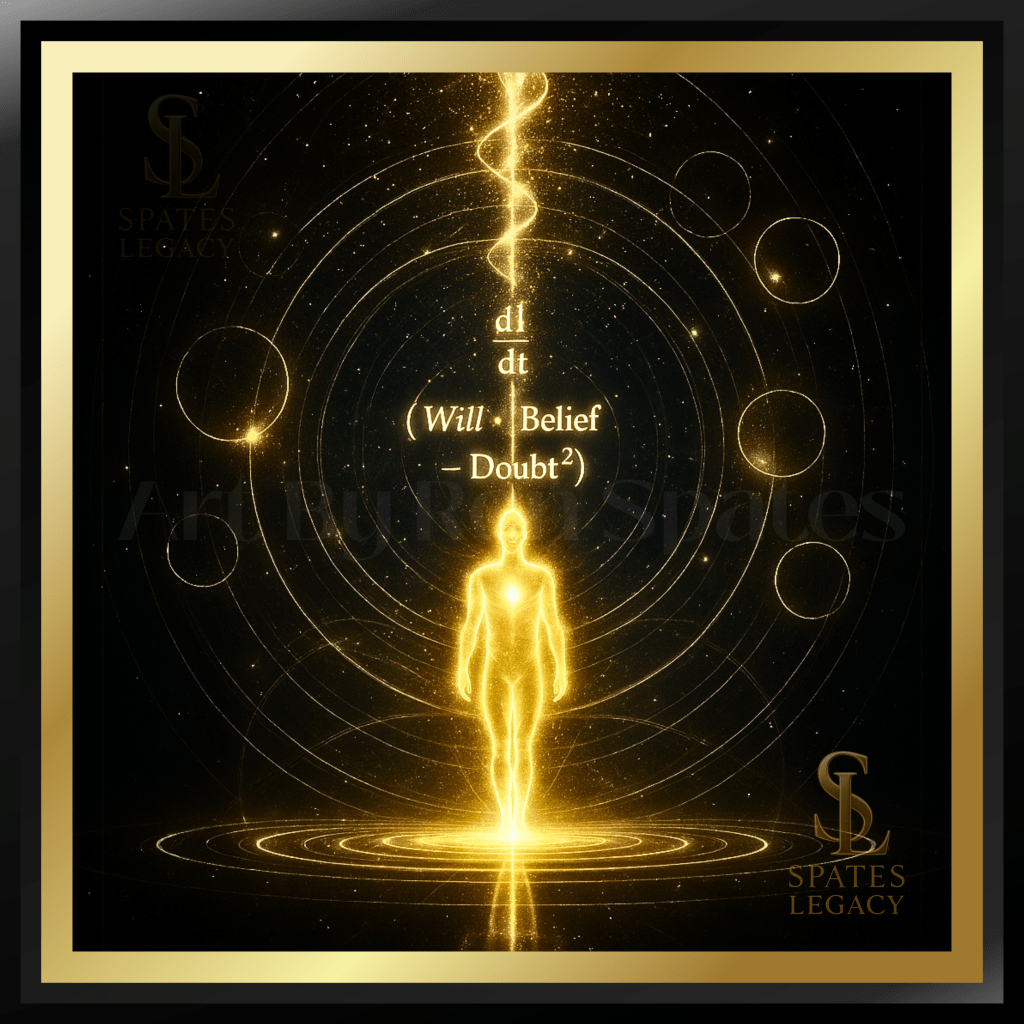Final Genesis Trilogy Artwork – Birth of Identity and Conscious Human Sovereignty shown through the Will Belief Doubt equation in golden light – Mathematical Physics Art by Ron Spates