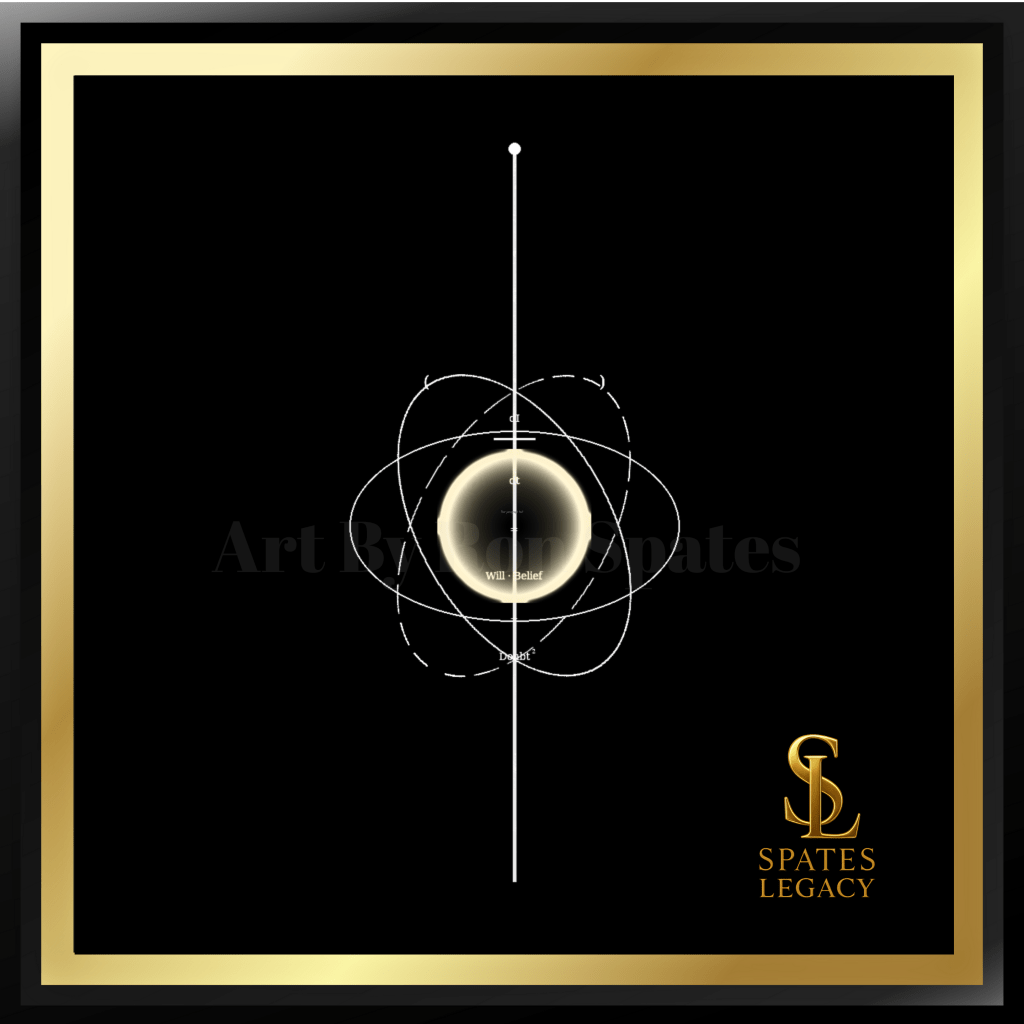 “48x48 inch Conceptual Physics Art from the Genesis Trilogy by Ron Spates, showing the foundational law of reality with Will, Belief, and Doubt² equation at the center, golden plasma sphere, chalk-style geometric orbits, black obsidian background, Spates Legacy monogram bottom right.”