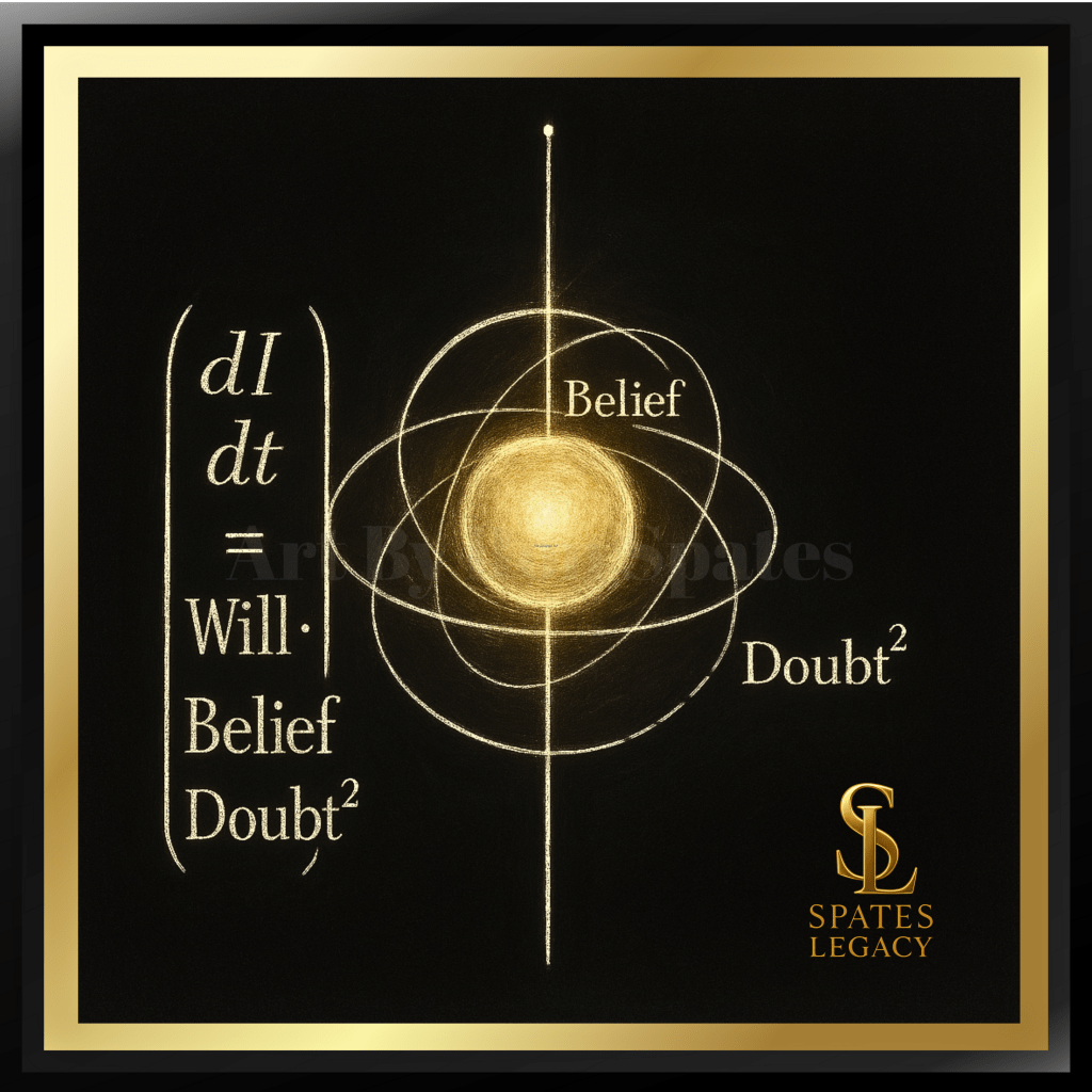 “48x48 inch Conceptual Physics Art from the Genesis Trilogy by Ron Spates, illustrating the origin of motion, central glowing sphere with Will, Belief, and Doubt² formula, circular trajectories of energy, polished black background with subtle reflections, intellectual realism style, Spates Legacy logo.”