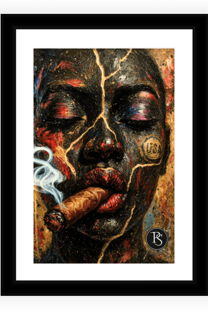 “Smoke & Gold 24 x 36 oil and mixed media painting on canvas symbolizing resilience, luxury, and empowerment — part of the Spates Legacy Art Collection by Atlanta artist Ron Spates.”