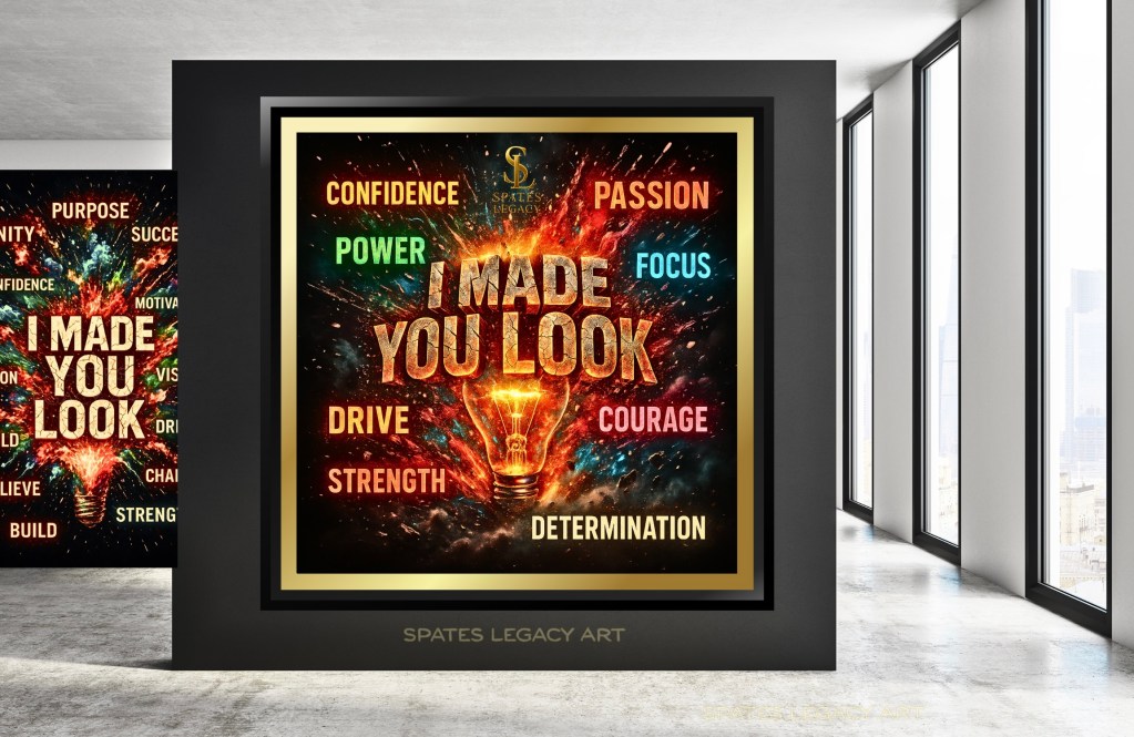 Motivational wall art piece “I MADE YOU LOOK” Confidence Edition by Spates Legacy Art, Atlanta, Georgia. Bold visual design inspiring strength, drive, and belief.