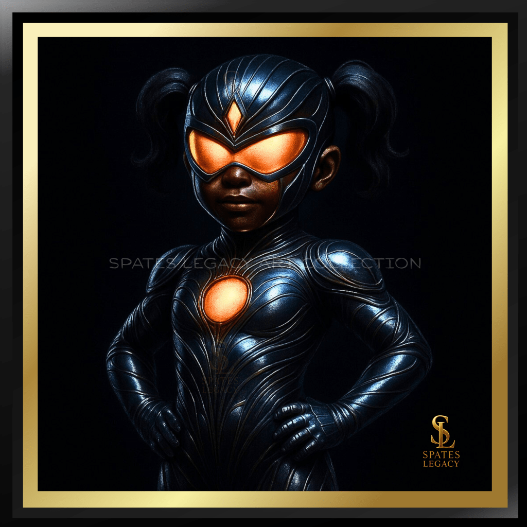 “Spates Legacy Atlanta superhero THE LITTLE GUARDIAN™ - character tile—part of a larger cinematic universe engineered for film, TV, and installations.”