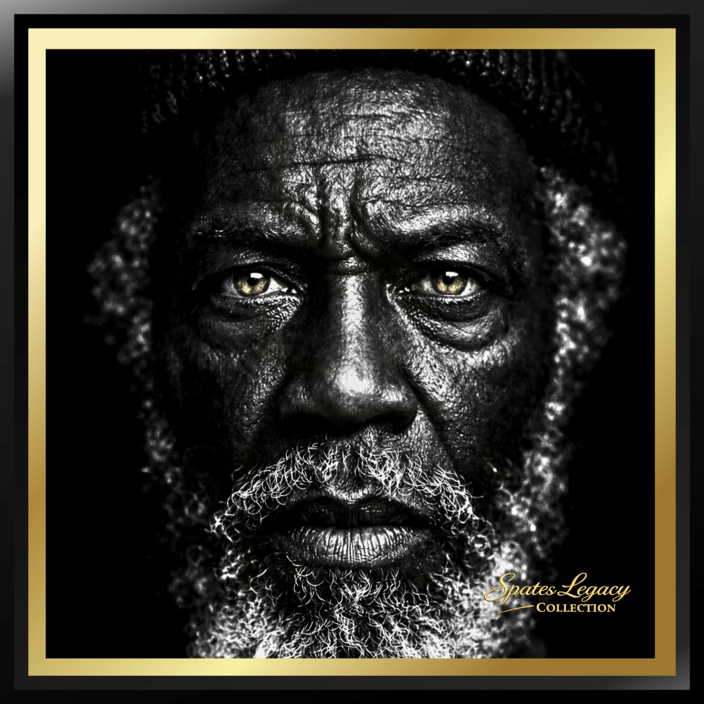 A legendary black-and-white portrait of a rugged Black elder with golden eyes — bold, emotional art from Atlanta’s Spates Legacy Collection.