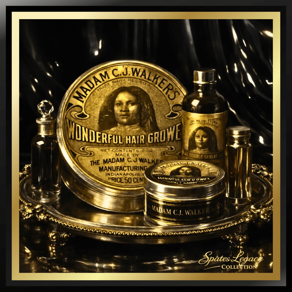 This is the moment where belief began to take shape — when experiments became product, and dreams turned tangible. Madame C.J. Walker didn’t just create a formula, she crafted a movement. Here, we see the very beginnings of her legacy in metal tins and glass bottles — the physical proof that her dream was not only real, but ready.