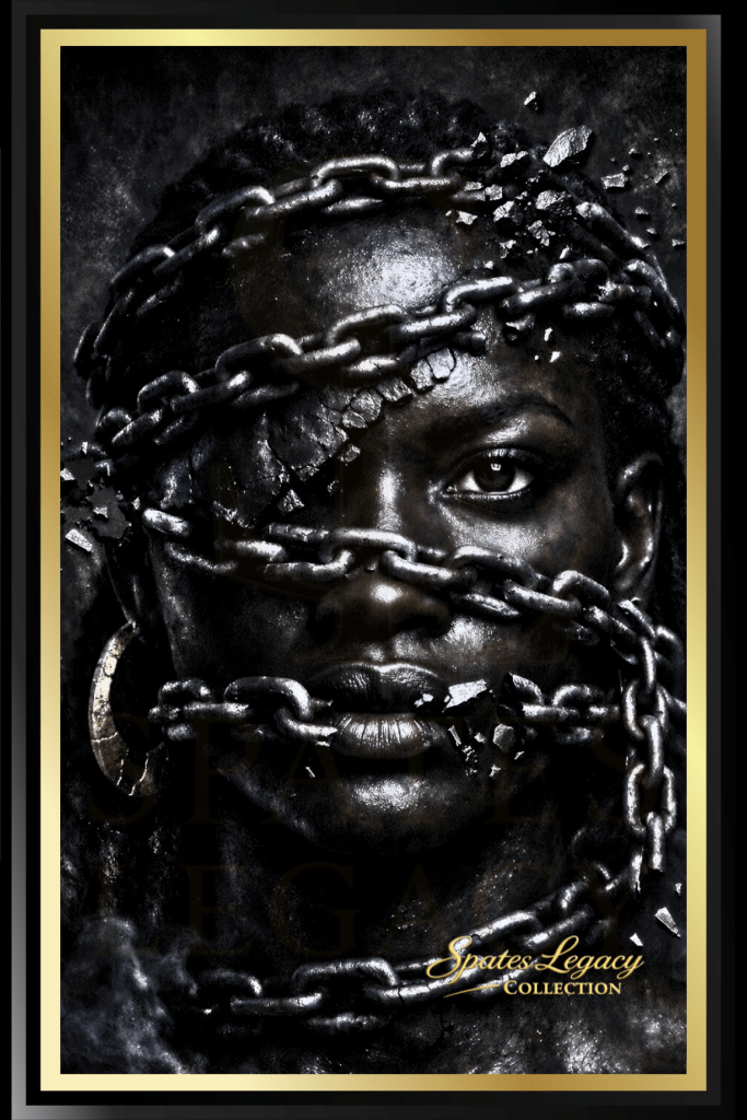 A regal Black woman stares forward, her dark skin gleaming like polished stone beneath heavy chains that fracture across her face. One eye remains free — sharp, wise, unshaken — symbolizing the unbreakable power of spirit and consciousness. The piece is framed in gold, with faint touches of color bringing life to her resistance and legacy.