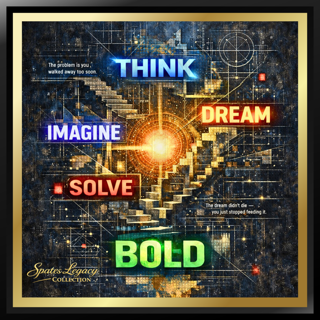An inspirational graphic featuring the words 'THINK,' 'IMAGINE,' 'SOLVE,' 'DREAM,' and 'BOLD' in colorful, prominent fonts, set against a textured background with a central glowing light.